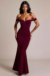 Burgundy Formal Dress Crepe Mermaid Off The Shoulder Long Wedding Guest Dress