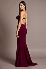 Burgundy Formal Dress Satin Mermaid Backless Strapless Wedding Guest Dress