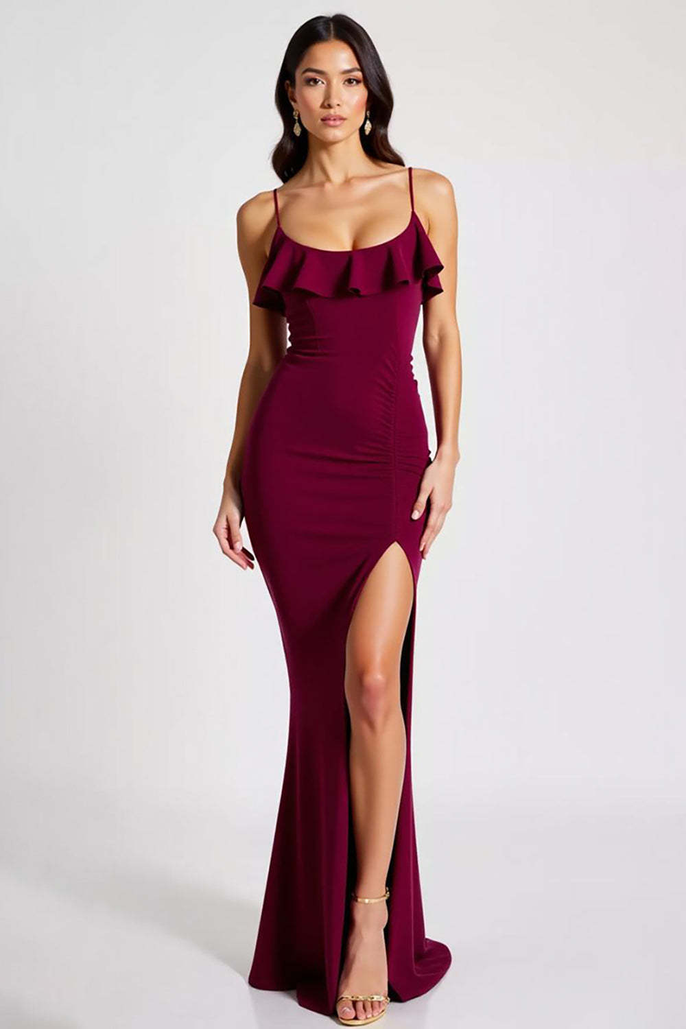 Burgundy Formal Dress Spaghetti Straps Mermaid Crepe Long Wedding Guest Dress With Slit
