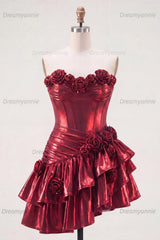 Burgundy Glitter Metallic A-Line Corset Short Homecoming Dress with Ruffles & 3D Flowers