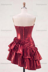 Burgundy Glitter Metallic A-Line Corset Short Homecoming Dress with Ruffles & 3D Flowers