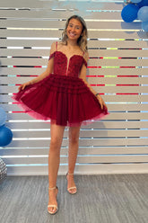 Burgundy Homecoming Dress A-Line Corset Short Prom Dress with Lace