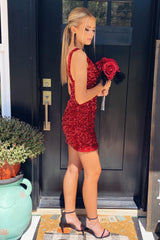 Burgundy Homecoming Dress Sequin One Shoulder Tight Short Prom Dress