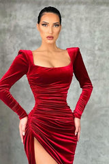 Burgundy Long Sleeve Velvet Dress Mermaid Formal Evening Dress