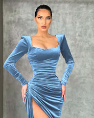 Burgundy Long Sleeve Velvet Dress Mermaid Formal Evening Dress