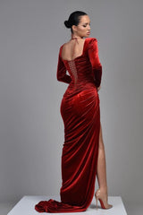 Burgundy Long Sleeves Square Neck Pleated High Slit Velvet Evening Dress
