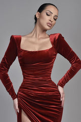 Burgundy Long Sleeves Square Neck Pleated High Slit Velvet Evening Dress