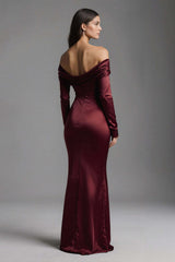 Burgundy Mermaid Off The Shoulder Long Satin Evening Dress With Slit