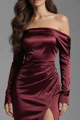 Burgundy Mermaid Off The Shoulder Long Satin Evening Dress With Slit