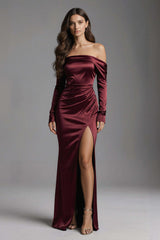 Burgundy Mermaid Off The Shoulder Long Satin Evening Dress With Slit