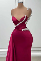 Burgundy Mermaid One Shoulder Beading Satin Formal Dress