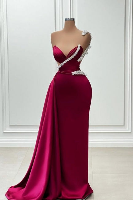 Burgundy Mermaid One Shoulder Beading Satin Formal Dress