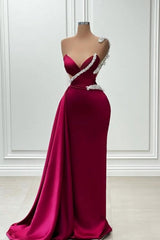 Burgundy Mermaid One Shoulder Beading Satin Formal Dress