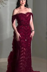 Burgundy Off The Shoulder Prom Dress Ruffled Beaded Sheath/Column Formal Dress
