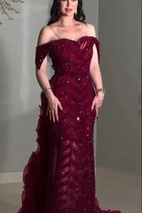 Burgundy Off The Shoulder Prom Dress Ruffled Beaded Sheath/Column Formal Dress