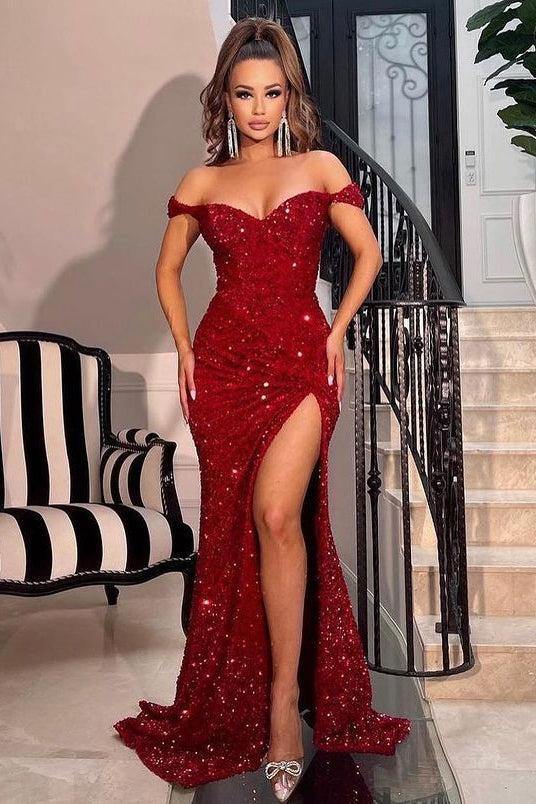 Burgundy Off The Shoulder Sequins Prom Dress Mermaid Long Slit