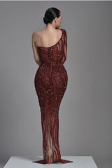 Burgundy One Shoulder Heavy Sequins Mermaid Evening Dress