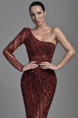 Burgundy One Shoulder Heavy Sequins Mermaid Evening Dress