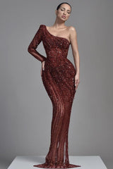 Burgundy One Shoulder Heavy Sequins Mermaid Evening Dress