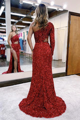 Sheath One Shoulder Red Sequins Long Prom Dress with Silt