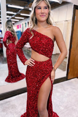 Burgundy One Shoulder Mermaid Evening Dress Long Sequins