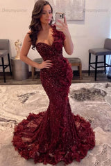 Burgundy One Shoulder Prom Dress Mermaid Sequined Formal Evening Dress with 3D Flowers