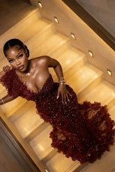 Burgundy One Shoulder Prom Dress Mermaid Sequined Formal Evening Dress with 3D Flowers