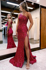 Burgundy One Shoulder Prom Dress Sequins Evening Dress with Slit