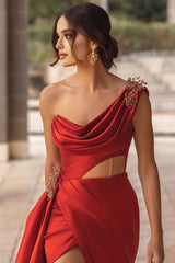 Burgundy One Shoulder Satin High Split Long Prom Dress With Panel Train