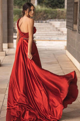 Burgundy One Shoulder Satin High Split Long Prom Dress With Panel Train