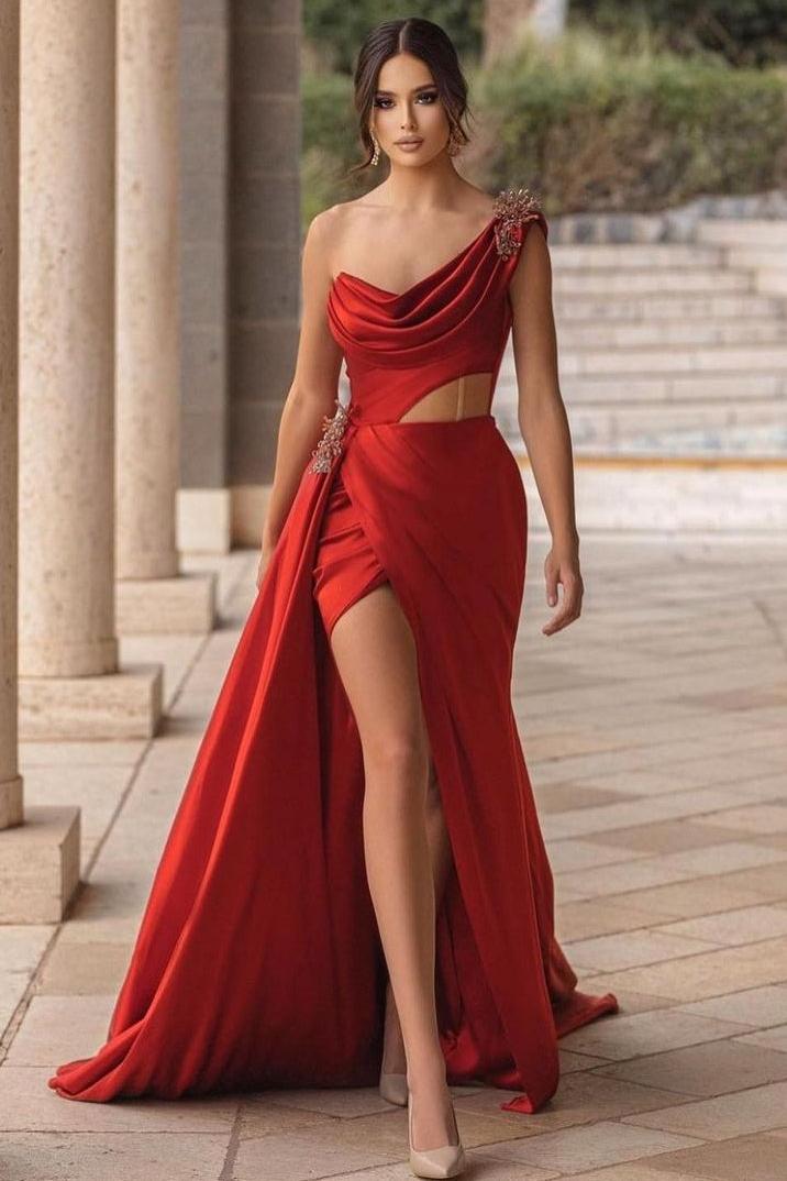 Burgundy One Shoulder Satin High Split Long Prom Dress With Panel Train