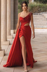 Burgundy One Shoulder Satin High Split Long Prom Dress With Panel Train