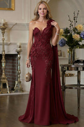 Burgundy One Shoulder Satin Sheath Mother of the Bride Dress with 3D Flowers