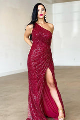 Burgundy One Shoulder Split Mermaid Evening Dress with Backless