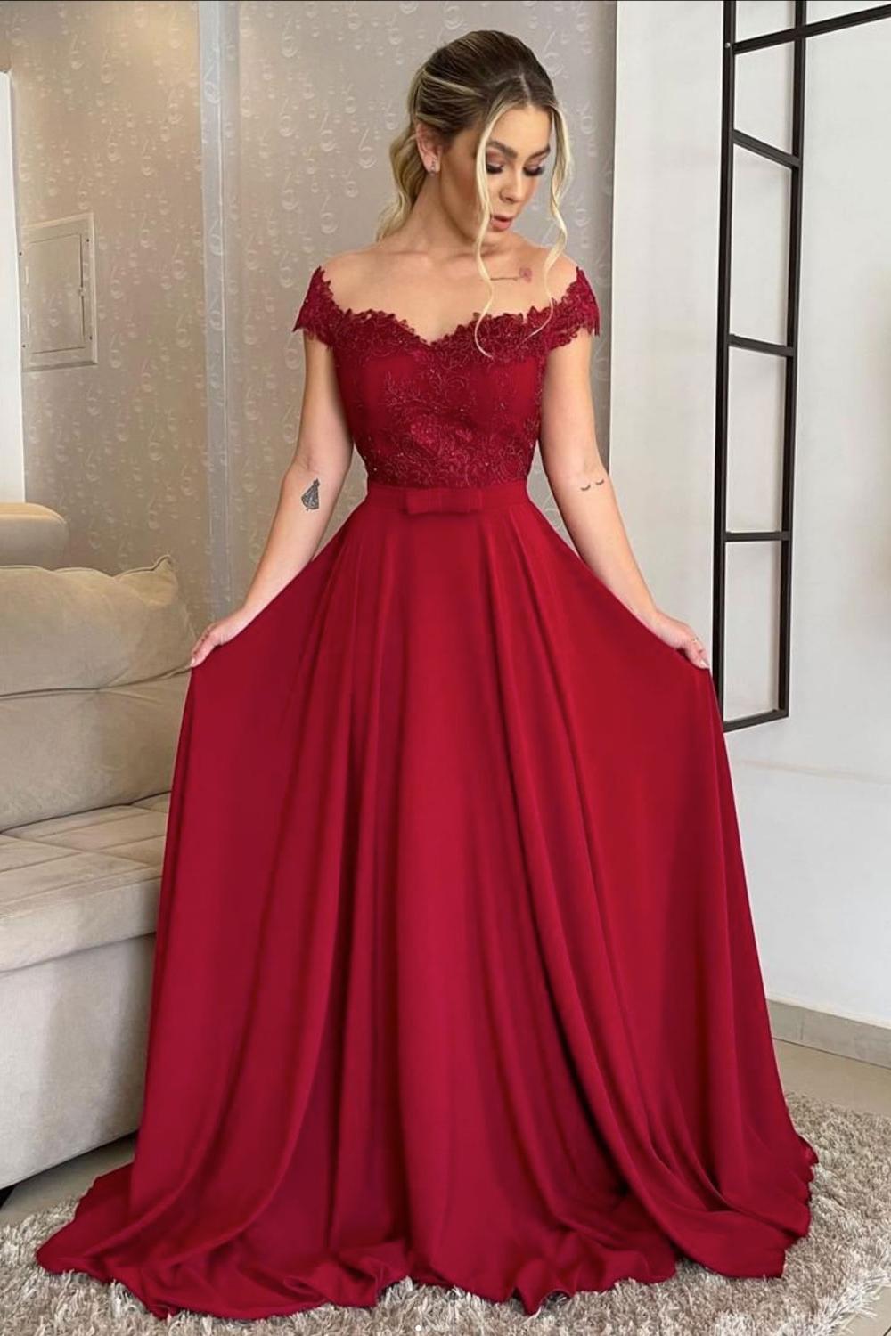 Burgundy Prom Dress A Line Chiffon Lace Long Evening Dress