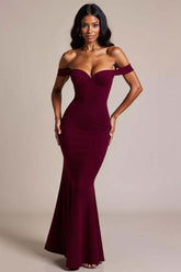 Burgundy Prom Dress Crepe Mermaid Off The Shoulder Long Formal Dress