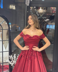 Burgundy Prom Dress Off The Shoulder A Line Formal Dress With Appliques