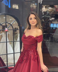Burgundy Prom Dress Off The Shoulder A Line Formal Dress With Appliques