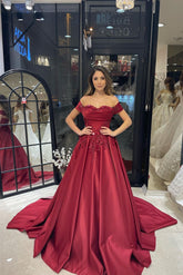 Burgundy Prom Dress Off The Shoulder A Line Formal Dress With Appliques