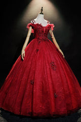 Burgundy Prom Dress Off the Shoulder Tulle Lace Long Sweet 16 Dress Evening Dress
