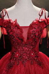 Burgundy Prom Dress Off the Shoulder Tulle Lace Long Sweet 16 Dress Evening Dress