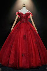 Burgundy Prom Dress Off the Shoulder Tulle Lace Long Sweet 16 Dress Evening Dress