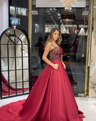 Burgundy Prom Dress Satin Ball Gown Formal Dress with Sweep Train