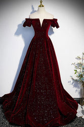Burgundy Prom Dress Velvet Beaded Long Evening Dress