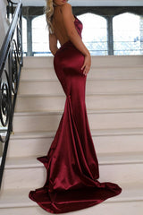 Burgundy Satin Spaghetti Strap Mermaid Prom Dress With Open Back Formal Evening Gown