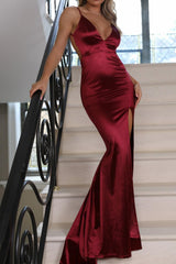 Burgundy Satin Spaghetti Strap Mermaid Prom Dress With Open Back Formal Evening Gown