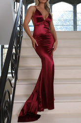 Burgundy Satin Spaghetti Strap Mermaid Prom Dress With Open Back Formal Evening Gown