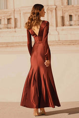 Burgundy Satin V-Neck Mermaid Long Sleeves Evening Dress With Ruffles