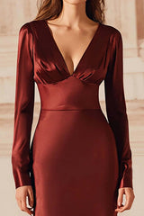 Burgundy Satin V-Neck Mermaid Long Sleeves Evening Dress With Ruffles