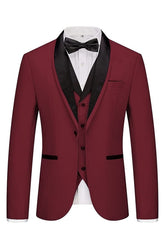 Burgundy Shawl Lapel Three Piece Wedding Suit
